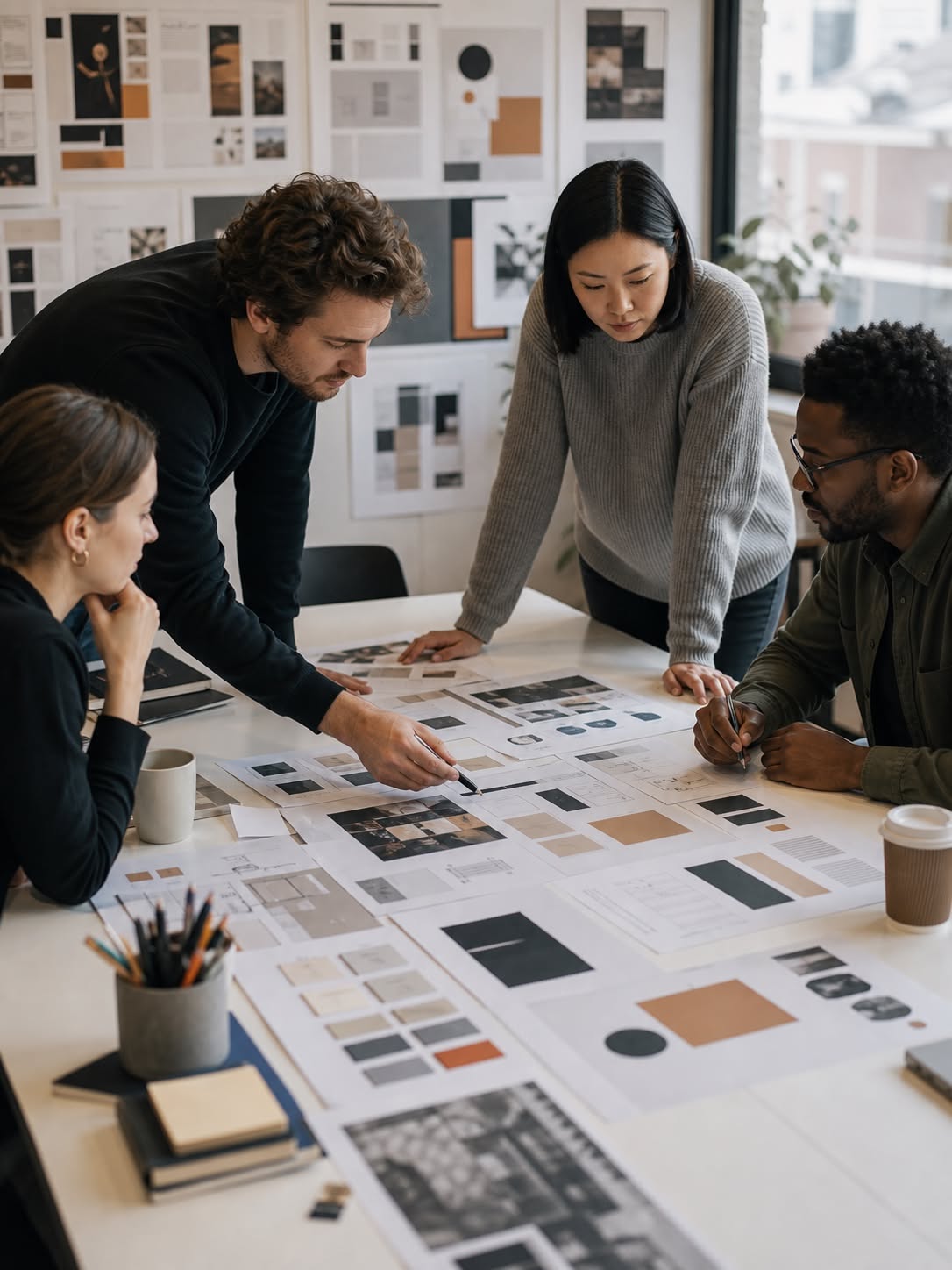 The Ironclad Strategy team reviewing brand identity mockups and moodboards around a studio table